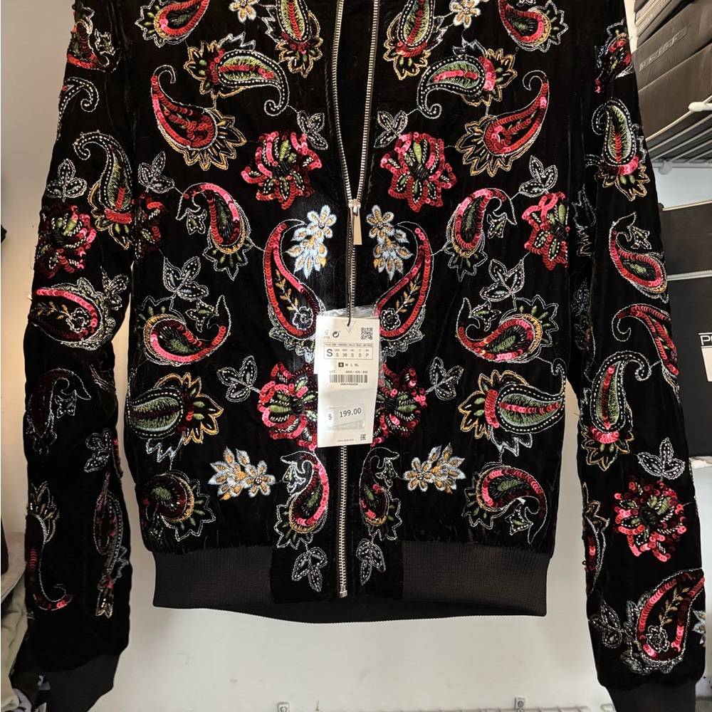 Zara Black Jacket with Red and Green Paisley Embroidery